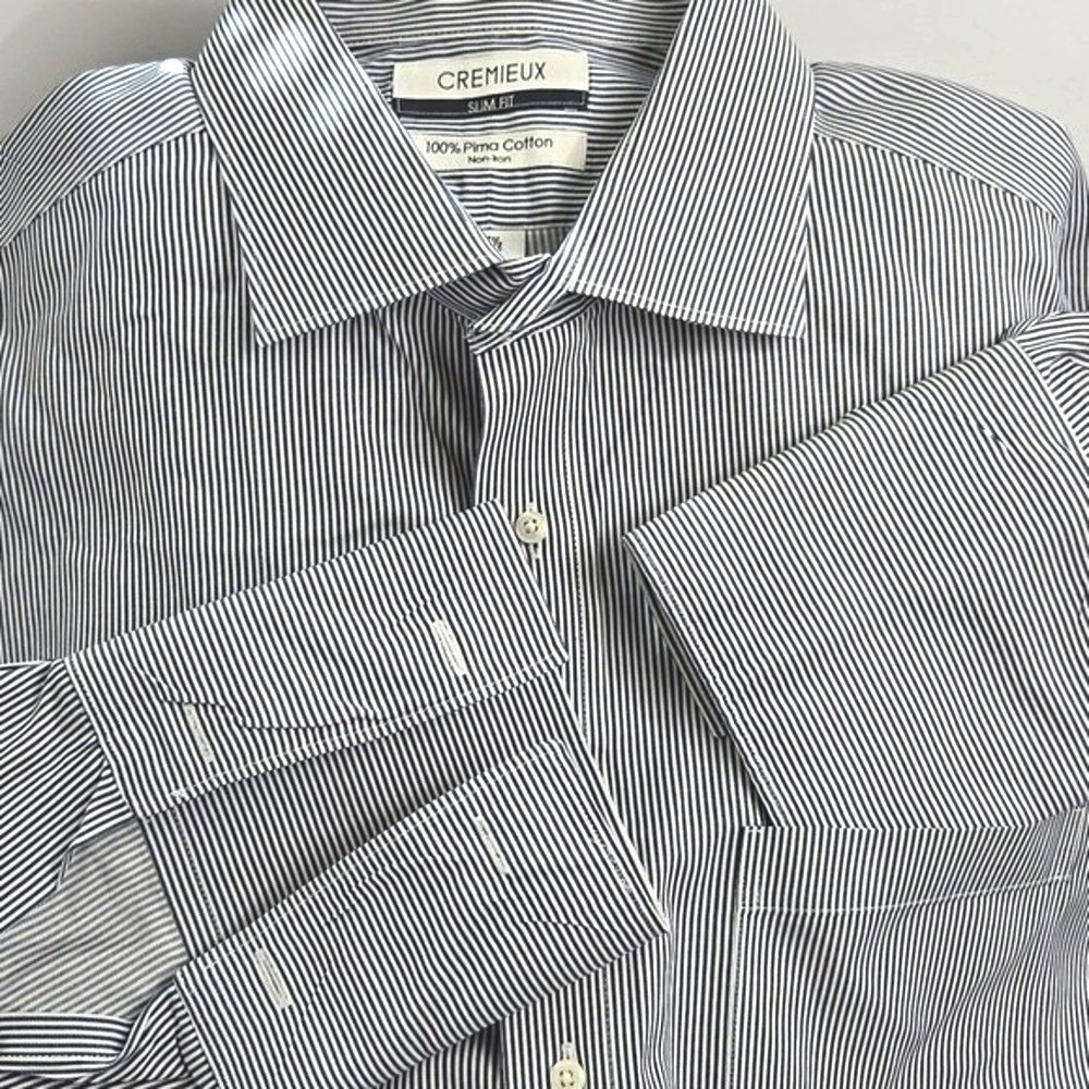 Cremieux Slim Fit Men's 17.5-35 Blue Stripe‎ Dress Shirt Pima Cotton French Cuff